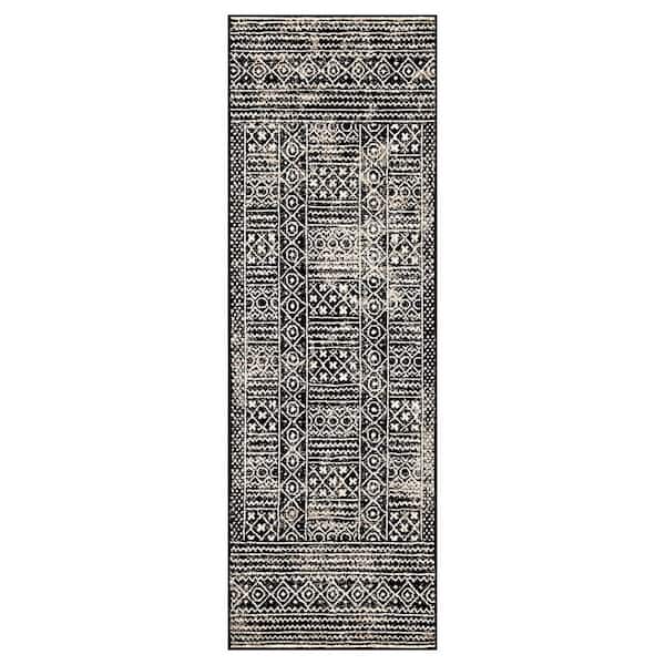 Navajo Black 2 ft. 6 in. x 10 ft. Floral Geometric Border Indoor Runner Rug