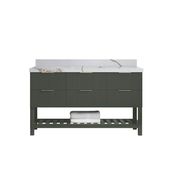 Willow Collections Catalina 60 in. Single Sink Freestanding Pewter Green Bath Vanity with Calacatta Gold Qt. Top Unassembled