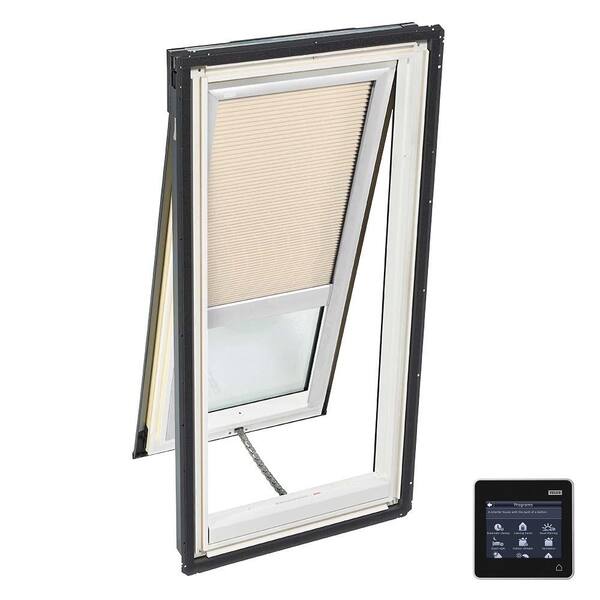 VELUX 21 in. x 45-3/4 in. Venting Deck Mount Skylight with Tempered Low-E3 Glass and Beige Solar Powered Room Darkening Blind