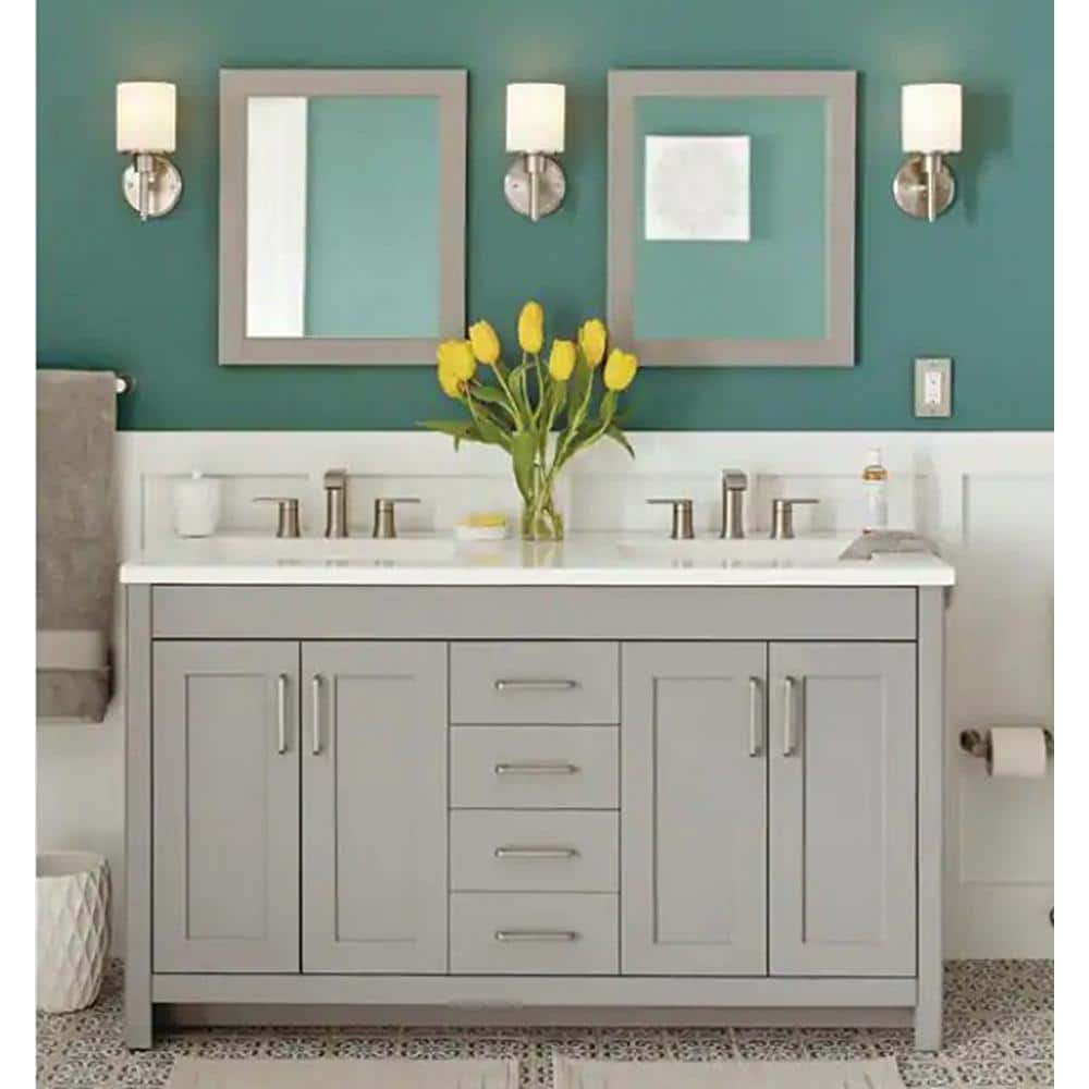 Westcourt 61 in. W Bath Vanity in Sterling Gray with Vanity Top in White with White Sinks and Mirrors
