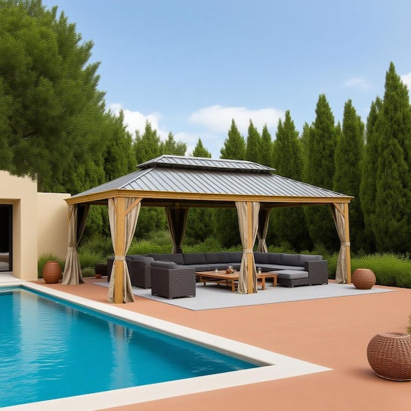 14 ft. x 20 ft. Hardtop Permanent Metal Gazebo with Galvanized Steel Double Roof and Aluminum Frame, Curtain and Netting