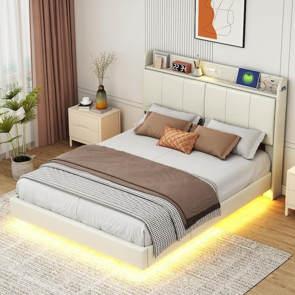 Modern Beige Wood Frame Queen Size Upholstered Platform Bed with Storage Headboard, Night Light and USB Charger