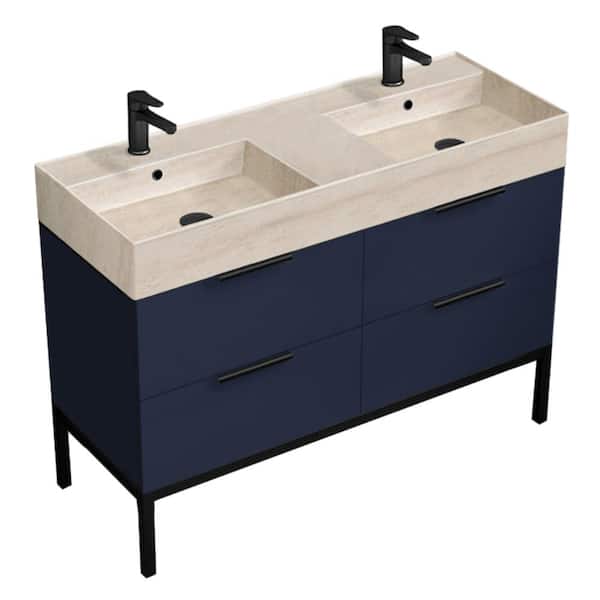 Derin 47.64 W x 18.11 D x 34.65 H Double Freestanding Bath Vanity in Navy Blue with Ceramic Beige Travertine Design Top