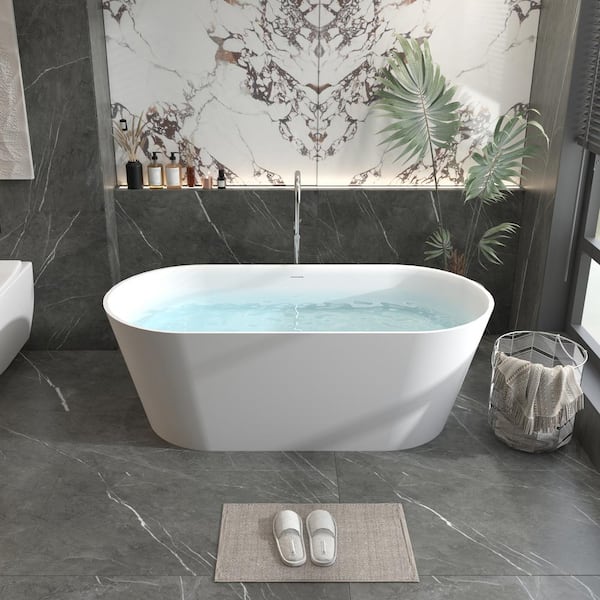 Foyil 71 in. x 32 in. Solid Surface Stone Resin Flatbottom Freestanding Bathtub Soaking Bathtub in Matte White