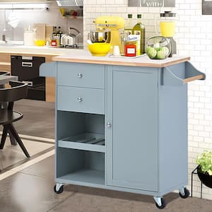 Blue Rubber Wood Top 41.3 in. W Kitchen Island on 4-Wheels with 2-Drawers and Large Storage Cabinet