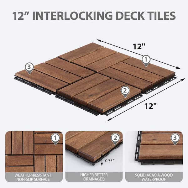 12 in. x 12 in. Outdoor Acacia Wood Flooring Interlocking Deck Tiles in Brown (10-Pieces)