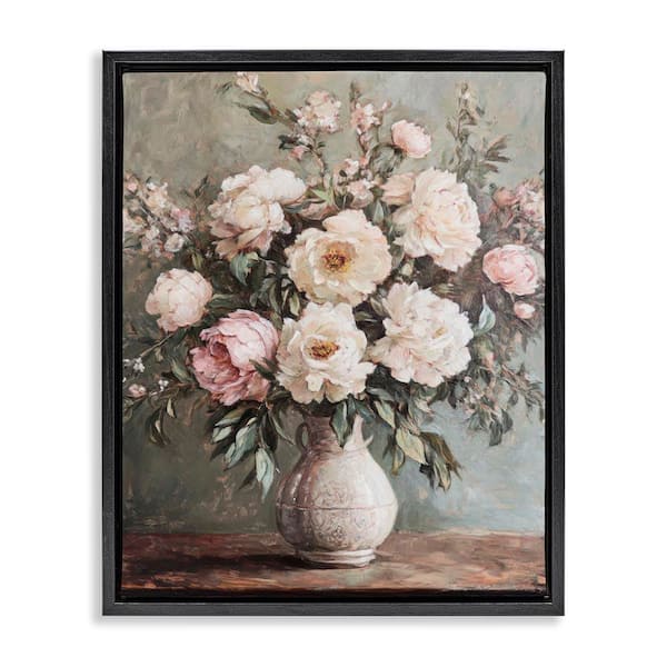Stupell Industries Pink Peonies Ornate Vase by Petal Prints Design Black Floater Frame Nature Graphic Art Print 21 in. x 17 in.