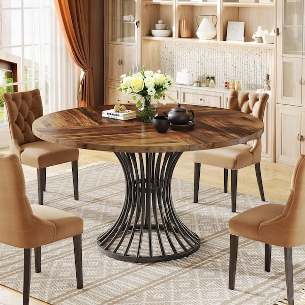 Bullen Rustic Brown Wood 47 in. Round Pedestal Dining Table with Metal Base Seats 4-6 People for Dining room,Living Room