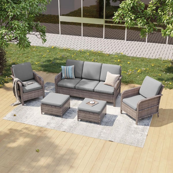 Sonkuki 5-Piece Gray Wicker Patio Sofa Set Outdoor Conversation Set with 3-Seat Sofa Ottomans, Gray Cushions