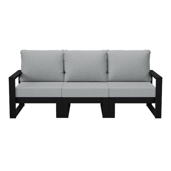 Endless Black Frame HDPE Plastic Outdoor Patio Modern Modular Sectional Set with Light Gray Cushions