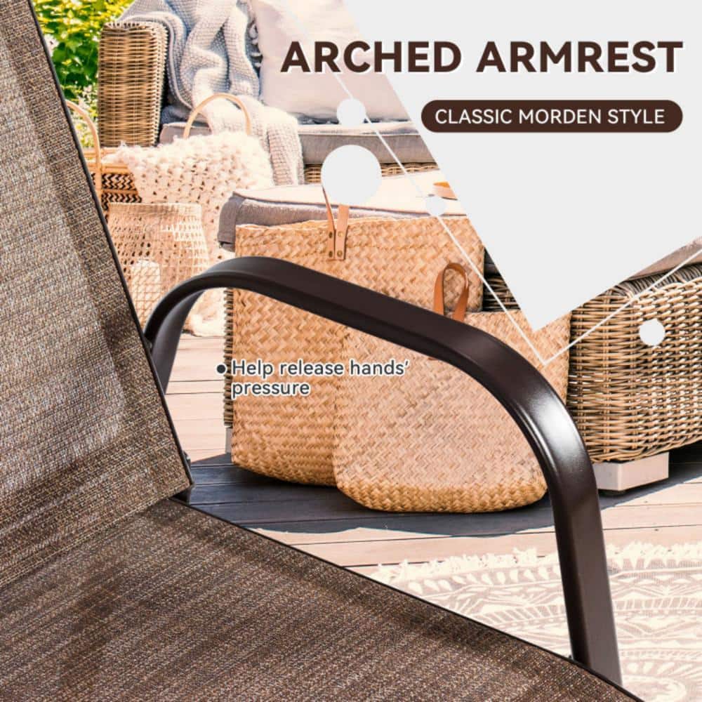 Brown Steel Frame Outdoor Dining Chairs with Armrests, Set of 2
