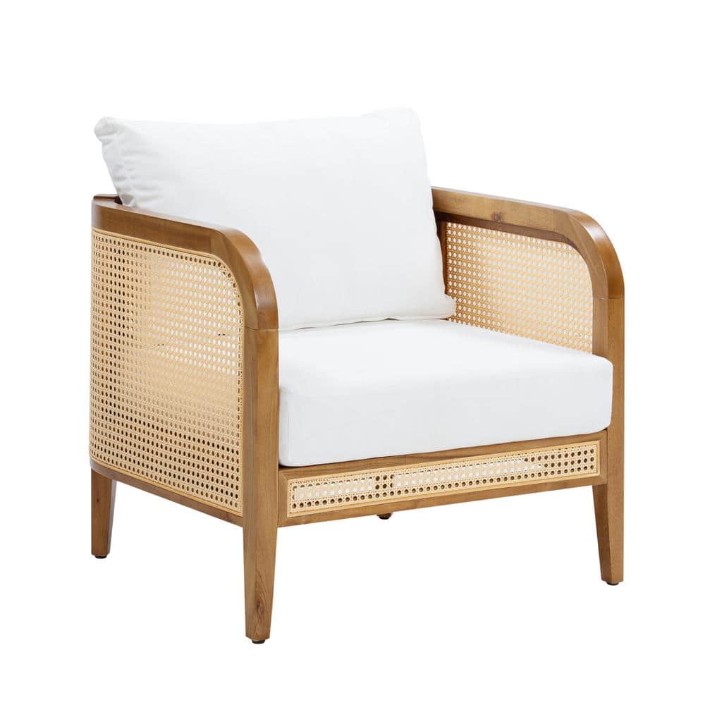 Twila Bohemian White Cushioned Patio Chair with Acacia Wood Frame