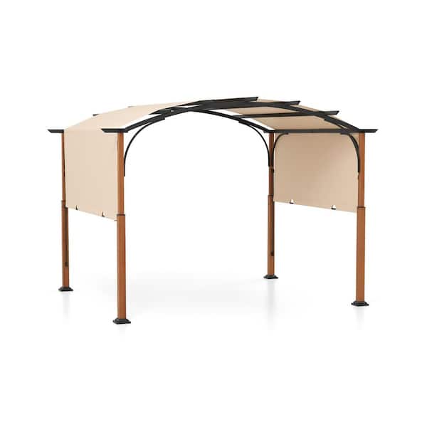 ANGELES HOME 10 ft. x 12 ft. Beige Outdoor Retractable Pergola with Retractable Canopy for Patio