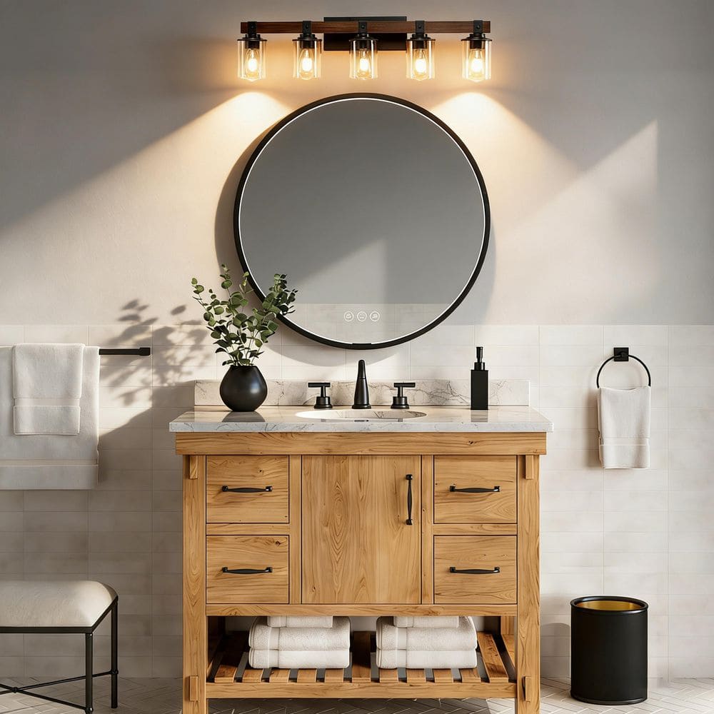 34.6 in. 5-Light Walnut Bathroom Vanity Light,Industrial Bathroom Wall Sconce with Glass Shades,Farmhouse Vanity Light price history on PriceWatchPro