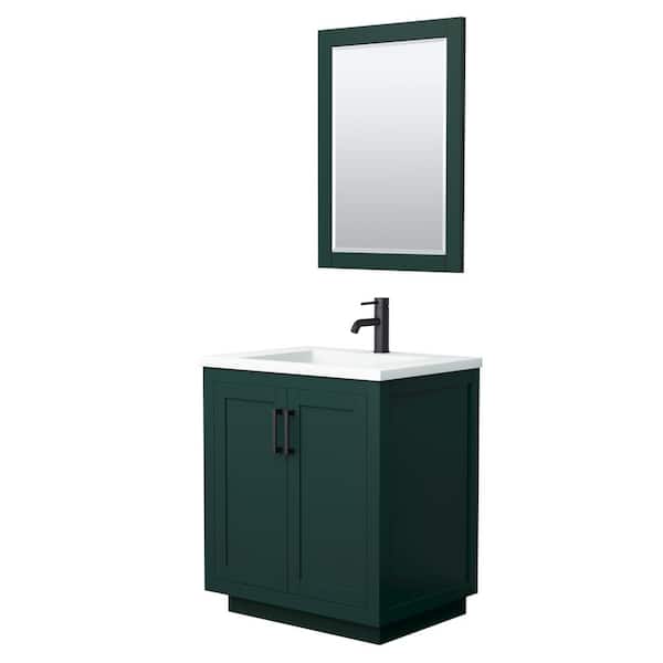 Wyndham Collection Miranda 30 in. W x 22 in. D x 34.25 in. H Single Sink Bath Vanity in Green with Matte White Solid Surface Top and Mirror