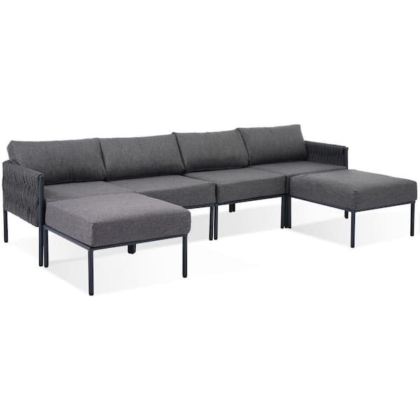 Zeus & Ruta 6-Piece Aluminum Outdoor Furniture Set, Modern Metal Sectional Set Sofa with Olefin 5.9 in. Thick Gray Cushions