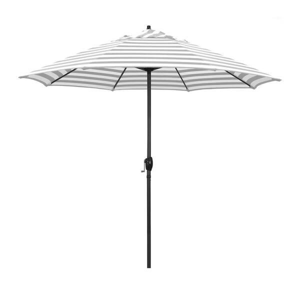 California Umbrella 9 ft. Black Aluminum Market Patio Umbrella Auto Tilt in Gray White Cabana Stripe Olefin