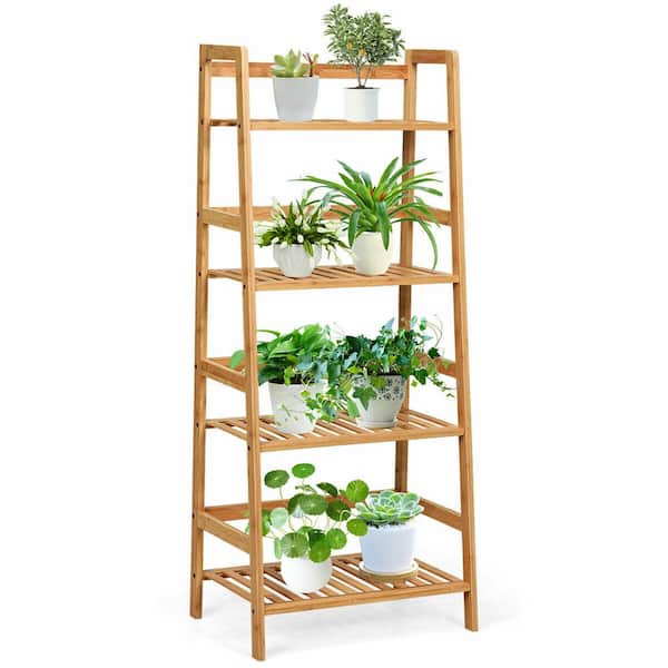 Gymax 4-Tier Bamboo Ladder Shelf Multipurpose Plant Display Stand