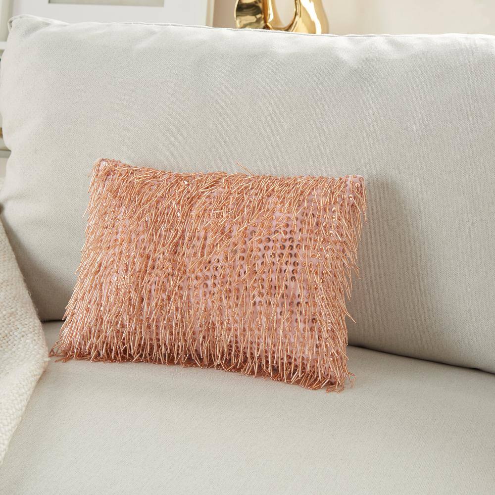 Blush Pink Beaded Tassels Lumbar Throw Pillow 10" x 14"