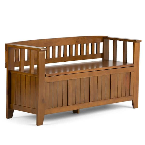 Simpli Home Acadian Solid Wood 48 in. Wide Transitional Entryway Storage Bench in Light Avalon Brown