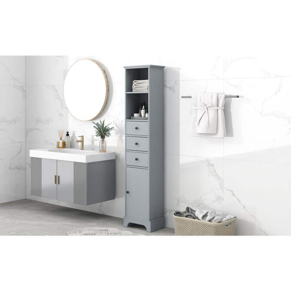 15 in. W x 10 in. D x 68 in. H Gray MDF Freestanding Linen Cabinet with 3-D