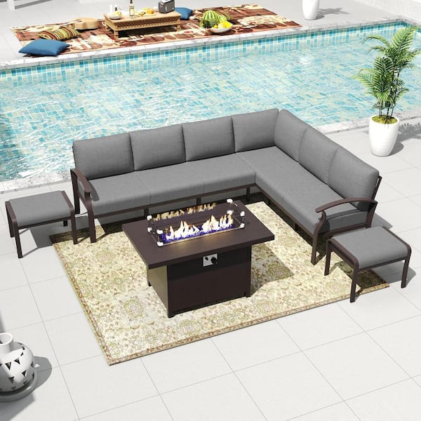 Halmuz 8-Seat Aluminum Patio Conversation Set with Fire Pit Table, Ottoman and Cushion Gray