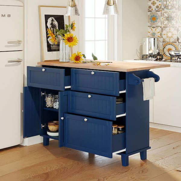 Blue Wood 50.3 in. Kitchen Island with Drop Leaf, Drawers and 2 Seatings