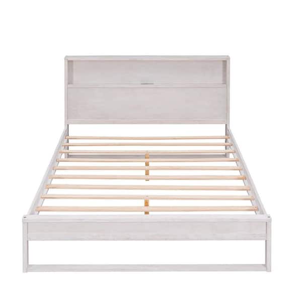 Angel Sar Antique White Wood Frame Queen Platform Bed with Storage Headboard and USB Charging Ports