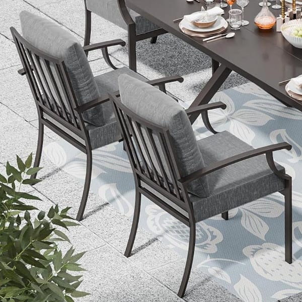 Brown Patio Metal Outdoor Dining/Side/Restaurant Chairs with Modern, Curved Armrests and Gray Cushions (2-Pack)