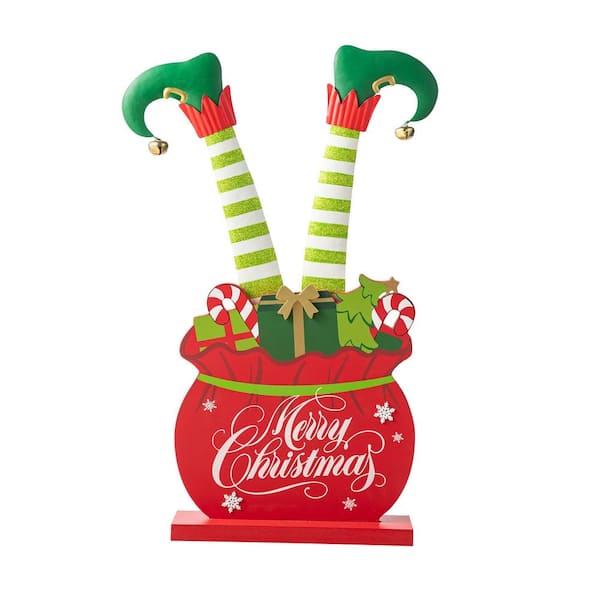 Glitzhome 24.5 in. H Christmas Wooden/Metal Elf Legs in Gift Box Porch ...