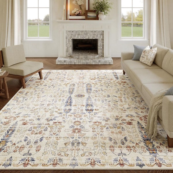 Ivy Blue/Orange 8 ft. x 10 ft. Washable Vintage Floral Area Rug