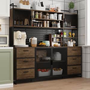 Brown Wood 70.9 in. W Buffet Sideboard Kitchen Pantry Cabinet For Dining Room with Metal Mesh Doors, 6-Drawers, Shelves