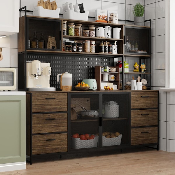 FUFU&GAGA Brown Wood 70.9 in. W Buffet Sideboard Kitchen Pantry Cabinet For Dining Room with Metal Mesh Doors, 6-Drawers, Shelves