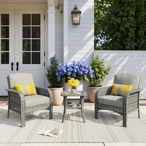 Missisi Gray 3-Piece Wicker Patio Conversation Seating Set with Dark Gray Cushions