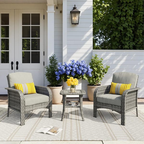 OVIOS Missisi Gray 3-Piece Wicker Patio Conversation Seating Set with Dark Gray Cushions