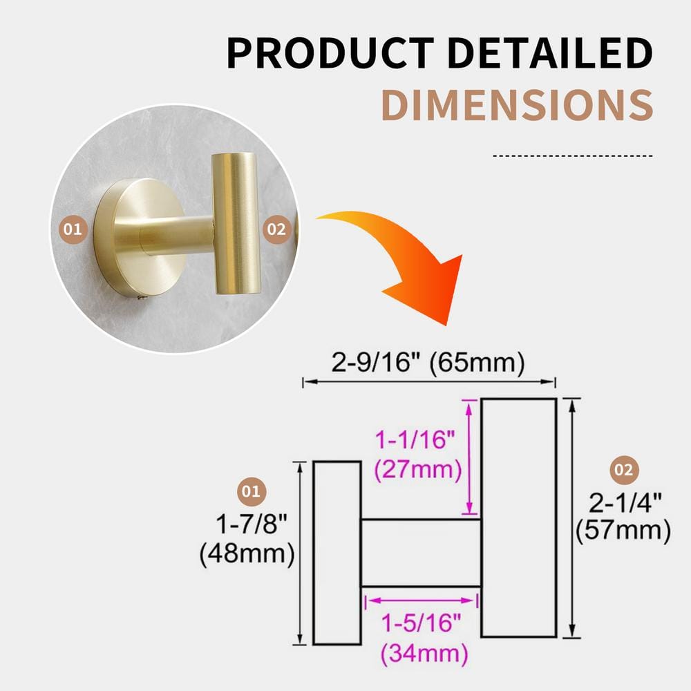 Brushed Gold Stainless Steel J-Hook Wall Mounted Towel Hooks, 4-Pack
