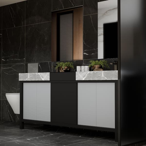 Zilara 72 in W x 22 in D Black and Grey Double Bath Vanity and Castle Grey Marble Top