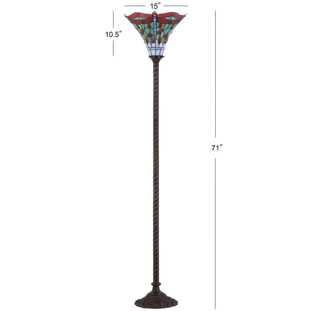 Dragonfly Tiffany-Style 71" Bronze Stained Glass Torchiere Lamp