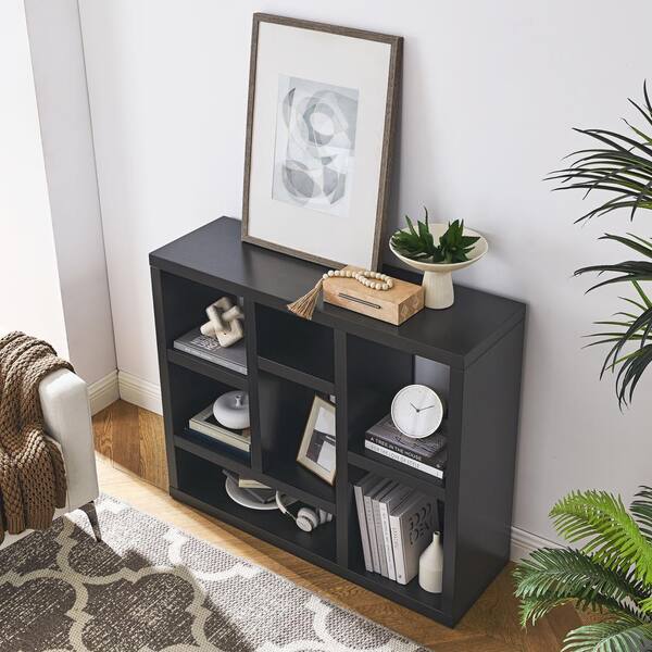 FUNKOL 43.3 in. L x 13.8 in. W x 35.6 in. H,Ready to Assembly Black MDF Wall Cabinet with Seven 7 Cube Storage Spaces