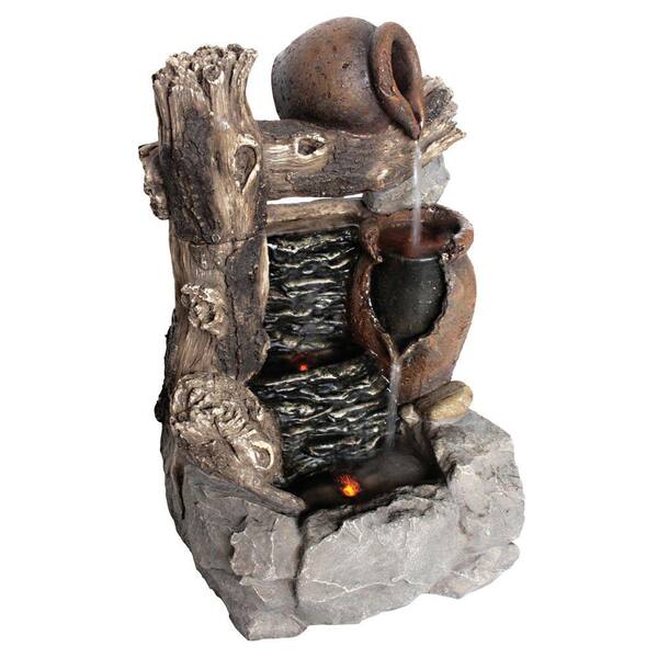 Kelkay 14 in. W x 13 in. D x 21 in. H Log Jug Falls Fountain with LED Lights-DISCONTINUED