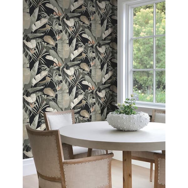 Grey Tropical Cabana Black Peel and Stick Wallpaper