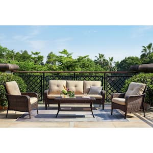 Brentwood Brown 4-Piece Wicker Outdoor Patio Conversation Set with Beige Cushions