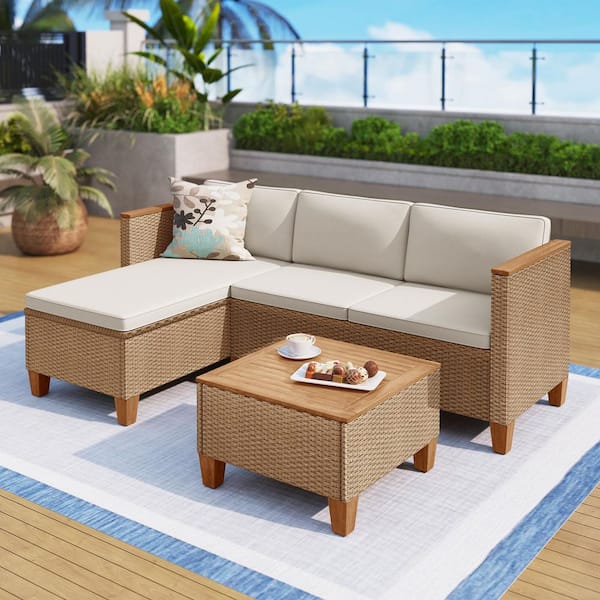 PHI VILLA Brown 3-Piece Outdoor Wicker Patio Conversation Sectional Seating Set with Beige Cushions