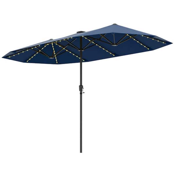 13 ft. Metal Market Patio Umbrella in Blue with 108 LED Lights Double Sided Twin Solar Outdoor Pool Umbrella with Crank