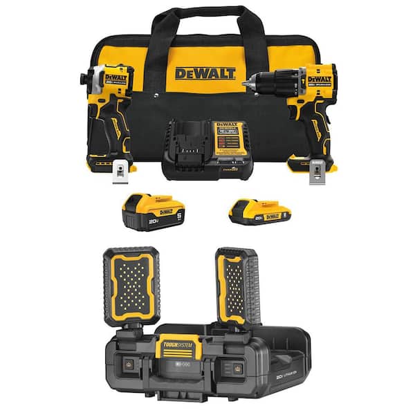 ATOMIC 20V Lithium-Ion Cordless 2-Tool Combo Kit and Cordless LED Work Light with 5 Ah and 2 Ah Batteries and Charger