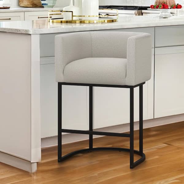 LUE BONA 26 in. Cream-Grey and Black Low Back Bar Stool with Metal Frame Counter Height Linen Upholstered Counter Stool(Set of 1)