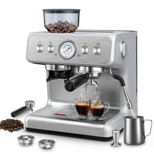 2- Cups Silver Drip Espresso Coffee Maker with Milk Frother Steam Wand and Coffee Grinder