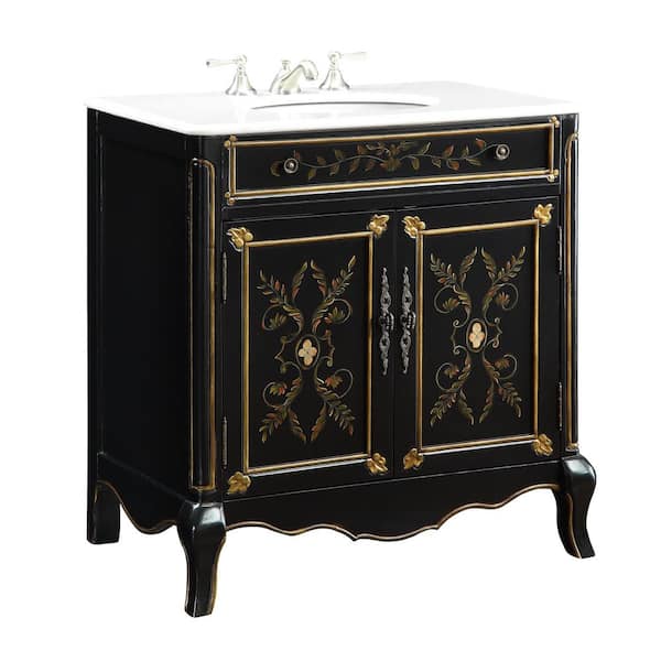 Benton Collection Floral Hand Paint 32 in. W x 22 in. D x 34.5 in. H Bathroom Sink Vanity in Black White Marble Top