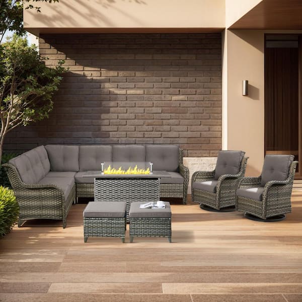 Arcline 7-Piece Gray Wicker Fire Pit Conversation Set with Olefin Gray Cushions L-Shaped Sofa/Patio Swivel Chairs