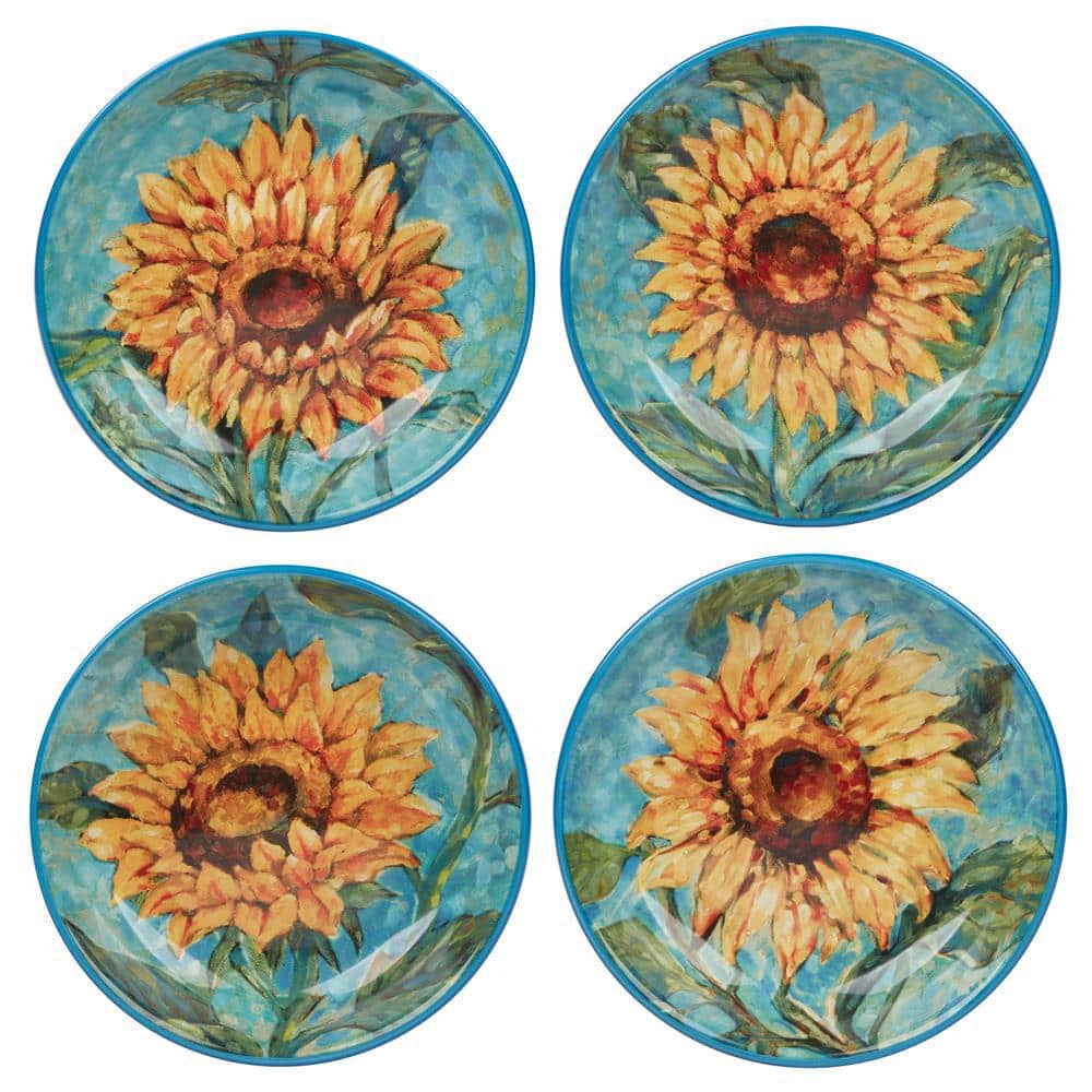 Golden Sunflower Blue Ceramic Soup and Salad Bowls Set